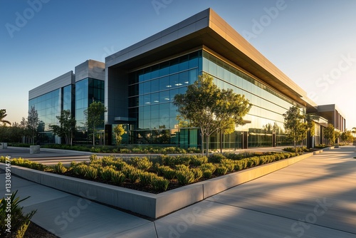 The modern office building is particularly bright in the sun, and the surrounding greenery and trees add a natural touch