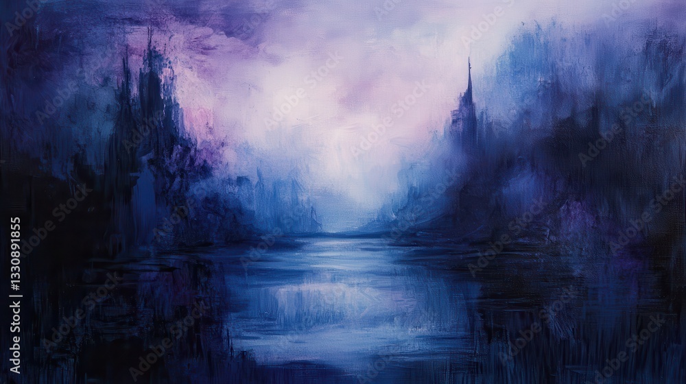 Fototapeta premium Serene Abstract Landscape with Mystical Purple Hues and Reflective Water under a Soft Ethereal Sky at Dusk in a Dreamy Artistic Style