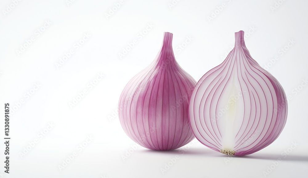 Fototapeta premium Fresh and Vibrant Red Onion Halved to Reveal Its Layered Texture on a Clean Surface : Generative AI