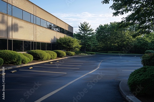 The modern office building is exceptionally peaceful in the early morning sun, and the surrounding green trees and bushes add a natural touch