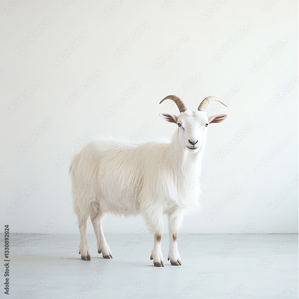 Fototapeta premium Adorable white goat standing proudly against a clean minimal background showcasing its soft fluffy fur and charming expression : Generative AI