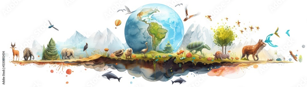 Naklejka premium Earth, animals, nature, watercolor art.