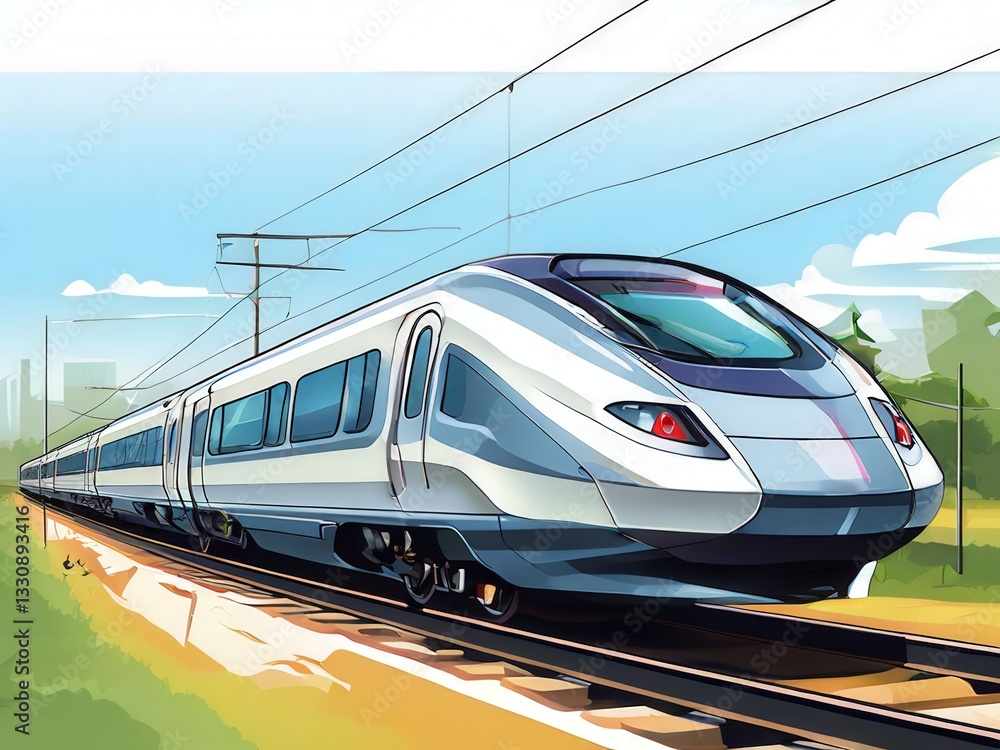 Naklejka premium an AI Image Generator, Modern High-Speed Train on Railway Tracks w