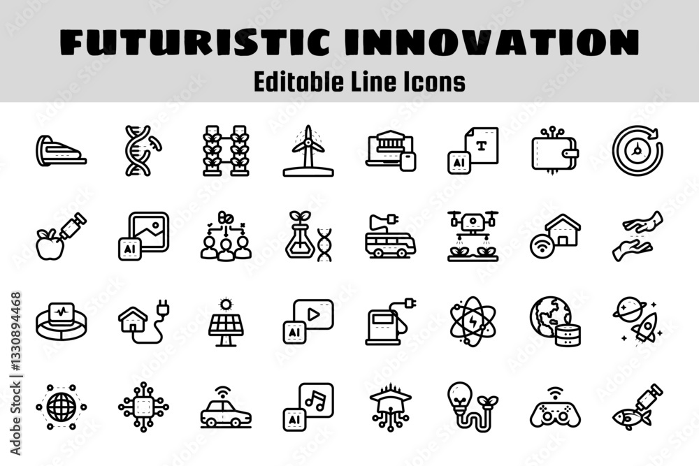 Futuristic innovation of technology in the future outline icon set related to, tech, ai, smart, science, iot, biotechnology and others. vector illustration