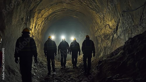 miners walking in coal mine tunnel. Concept Mining Industry, Coal Miners, Work Environment, Industrial Setting, Underground Work