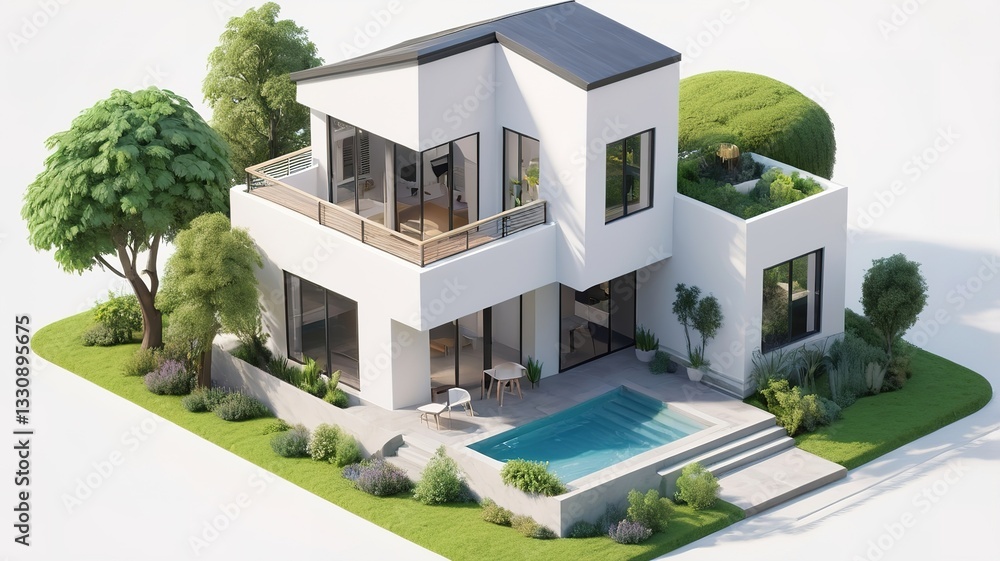Fototapeta premium A small modern minimalist house isometric perspective,&nbsp;3D model miniature