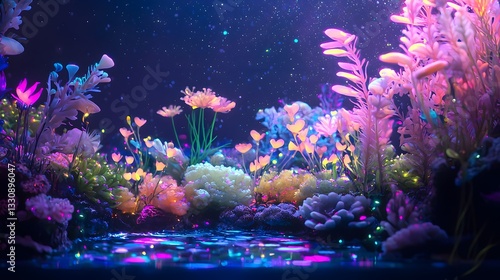 Fototapeta Naklejka Na Ścianę i Meble -  48. A bioluminescent coral reef backdrop with glowing flora