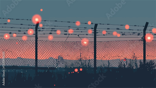 The image is a digital painting or illustration depicting a wire fence strung with numerous small, round, glowing orange-red lights at dusk or twilight.  The background shows a muted orange and