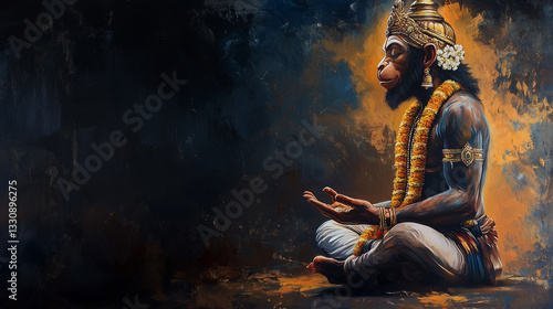 Lord Hanuman Meditating in a Serene Half-Length View Against a Dark Background, Symbolizing Spiritual Power and Devotion