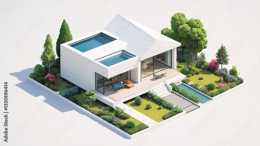 A small modern minimalist house isometric perspective, 3D model miniature A small modern minimalist house isometric perspective, 3D model miniature