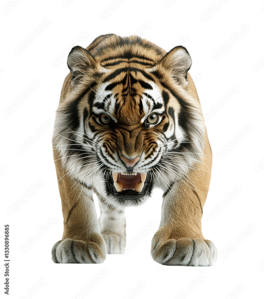 Obraz premium Fierce Tiger Roaring and Ready to Pounce, Isolated on Transparent and White Background