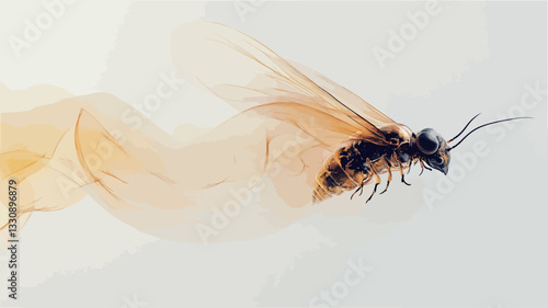 Close-up macro photograph of an insect in flight against a white background. The insect's body is sharply in focus, exhibiting details of its body segments and appendages.  The wings are slightly