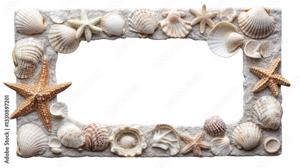 Obraz premium Seashells and starfishes forming a frame on transparent background