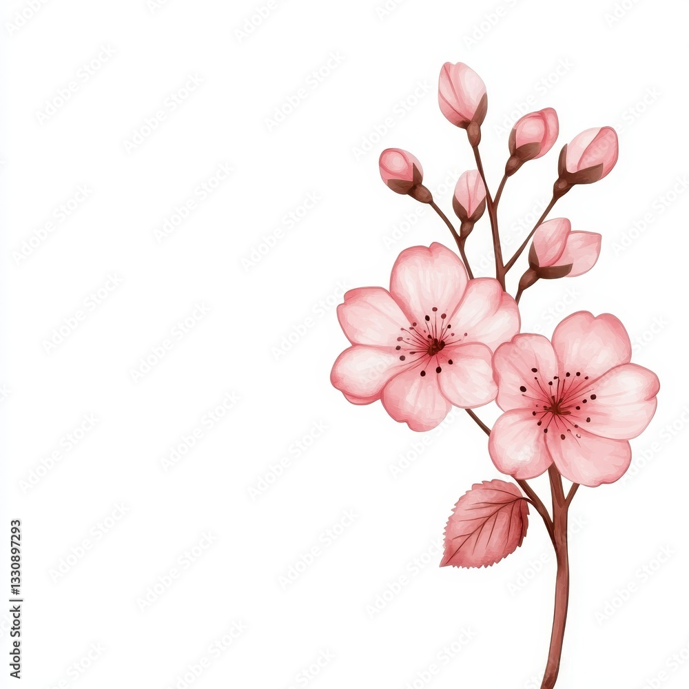 Delicate Pink Cherry Blossom Branch with Soft Petals and Leaves Delicate Pink Cherry Blossom Branch with Soft Petals and Leaves