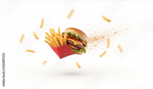 Fast food escape surreal burger and fries in motion white space