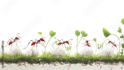 A close-up studio shot shows a line of red ants interacting with small, white spherical objects and tiny green seedlings emerging from a bed of artificial-looking green moss on a pure white