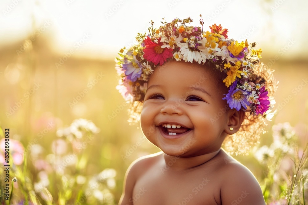 Happy sunny days symbol. Golden hour in sunset. Happy mixed-race infant girl wearing multi-colored flower circlet on her head. Young adventurer in summer. Carefree child in the sunshine. Happy sunny days symbol. Golden hour in sunset. Happy mixed-race infant girl wearing multi-colored flower circlet on her head. Young adventurer in summer. Carefree child in the sunshine.