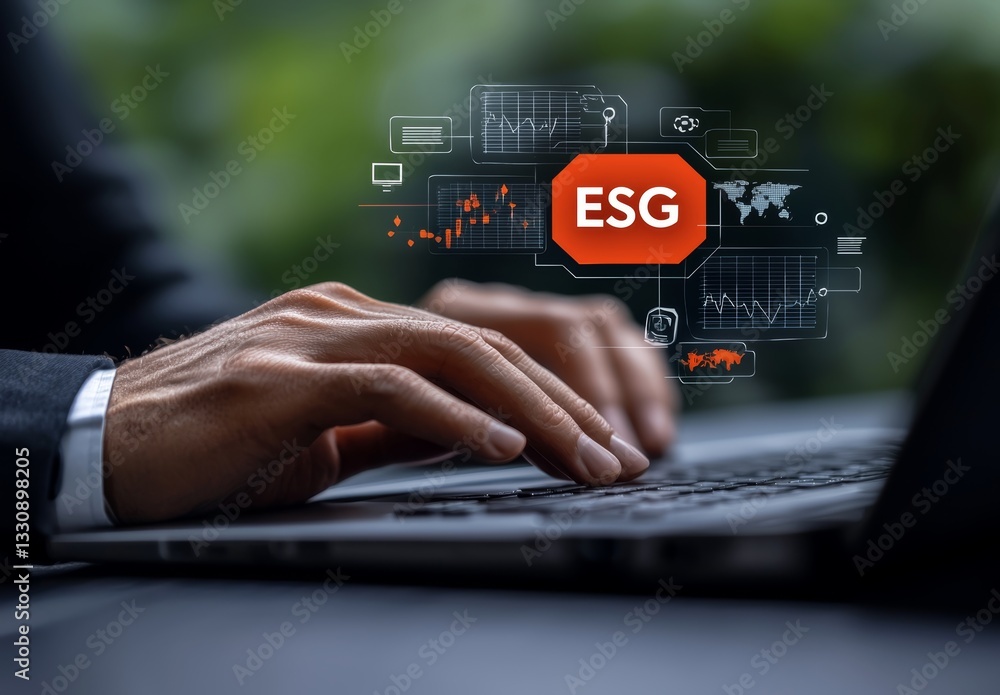 Person Typing on Laptop with ESG Concept Overlay Person Typing on Laptop with ESG Concept Overlay