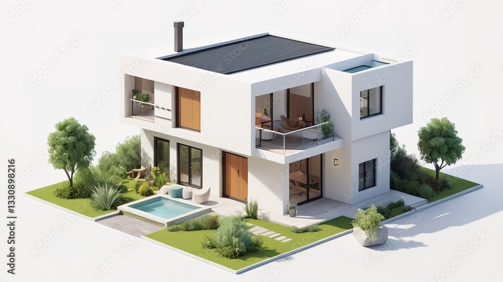 Fototapeta premium A small modern minimalist house isometric perspective,&nbsp;3D model miniature