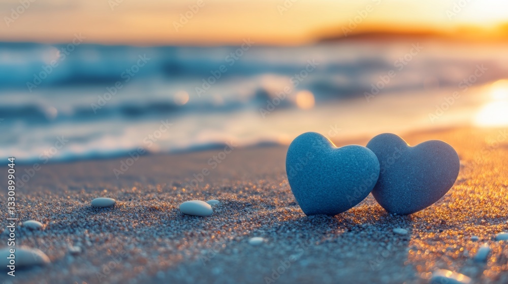 Fototapeta premium Romantic beach sunset with heart shaped stones for valentine's day or wedding design