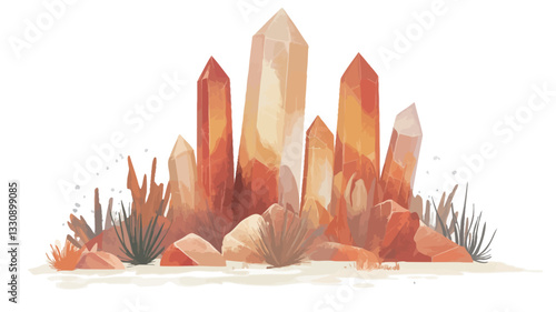 A digital watercolor illustration depicting a cluster of orange and yellow crystals of varying heights and sizes. The crystals are rendered with a soft, painterly texture, showing gradations of
