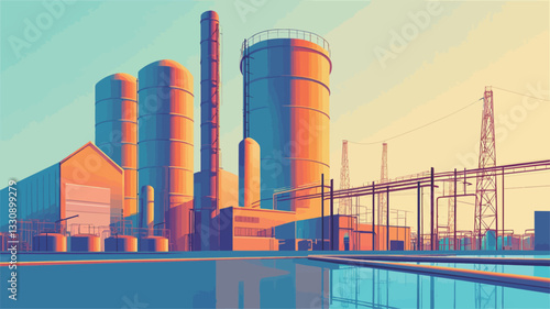 A vector illustration depicting an industrial complex at either sunrise or sunset. The illustration features various industrial structures including large silos, a tall smokestack, and a power
