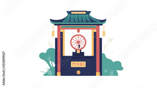 A vector illustration depicting a stylized Asian-style pavilion. The pavilion has a teal roof with upward-curving eaves, red pillars, and a dark blue base.  A dharma wheel is centrally located