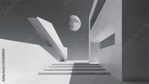 The image is a monochrome, digitally manipulated photograph or rendering depicting a modern architectural structure.  The composition features stark contrasts of light and shadow on clean,