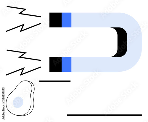 Horseshoe magnet exerts force with three wavy lines and pulls a small abstract shape. Ideal for science, physics, attraction, magnetic field, energy, influence, and concept. Flat simple metaphor