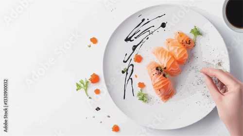 High-angle, close-up shot of an artistically arranged salmon sashimi plate.  The plate is white, and the salmon is arranged in neat slices, garnished with small green elements and what appears to