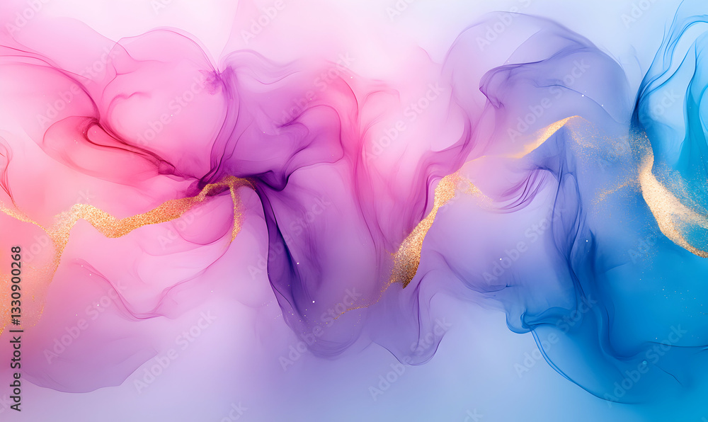 Obraz premium Abstract art print featuring swirling pink, purple, and blue alcohol ink with gold glitter accents. Perfect for modern home decor, social media, and branding.