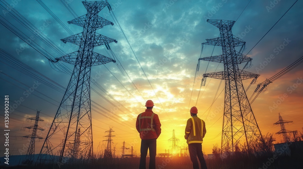 Electrical Engineers Inspecting Power Lines at Sunset – Energy & Infrastructure