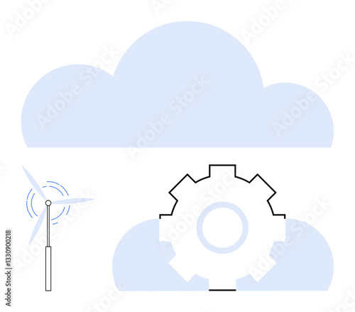 Cloud graphic with gear and wind turbine representing synergy between technology, energy, innovation. Ideal for sustainability, energy solutions, renewable energy, cloud computing, innovation