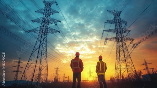 Obraz na płótnie Electrical Engineers Inspecting Power Lines at Sunset – Energy & Infrastructure w salonie