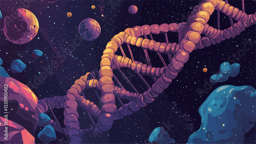 A stylized illustration depicting a DNA double helix structure prominently featured against a backdrop of a vibrant, colorful space scene. The space scene includes various nebulae, planets, and