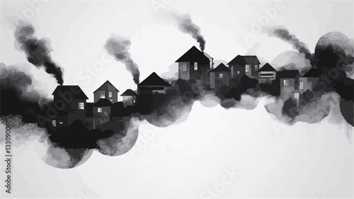 The image is a monochromatic illustration depicting a row of small houses obscured by a dense, smoky atmosphere. The style mimics ink or watercolor painting, with soft, blended edges and variations