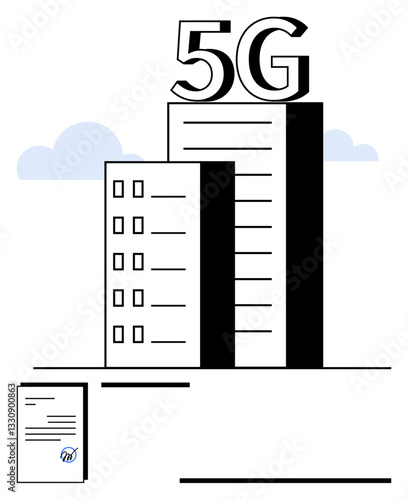 Tall buildings with towering 5G logo, clouds in the background, and a document with a growth chart. Ideal for technology, innovation, connectivity, progress, telecom, urbanization