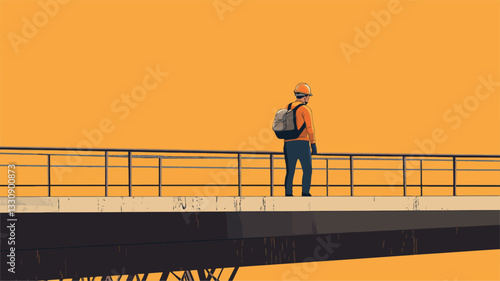 The image is a stylized illustration or digital painting. It features a single person with a backpack standing on a bridge against a solid yellow background. The bridge is a simple, modernist