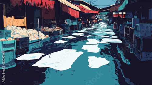 A stylized illustration depicting a narrow market street. The scene is dominated by a strong contrast between deep blues and teals representing wet pavement and shadows, and bright, saturated