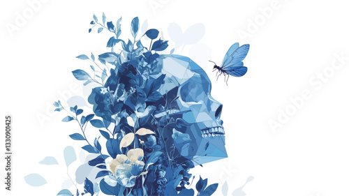Digital illustration depicting a human skull in profile view, rendered in various shades of blue. The skull is partially obscured and surrounded by stylized blue flowers, leaves, and foliage,