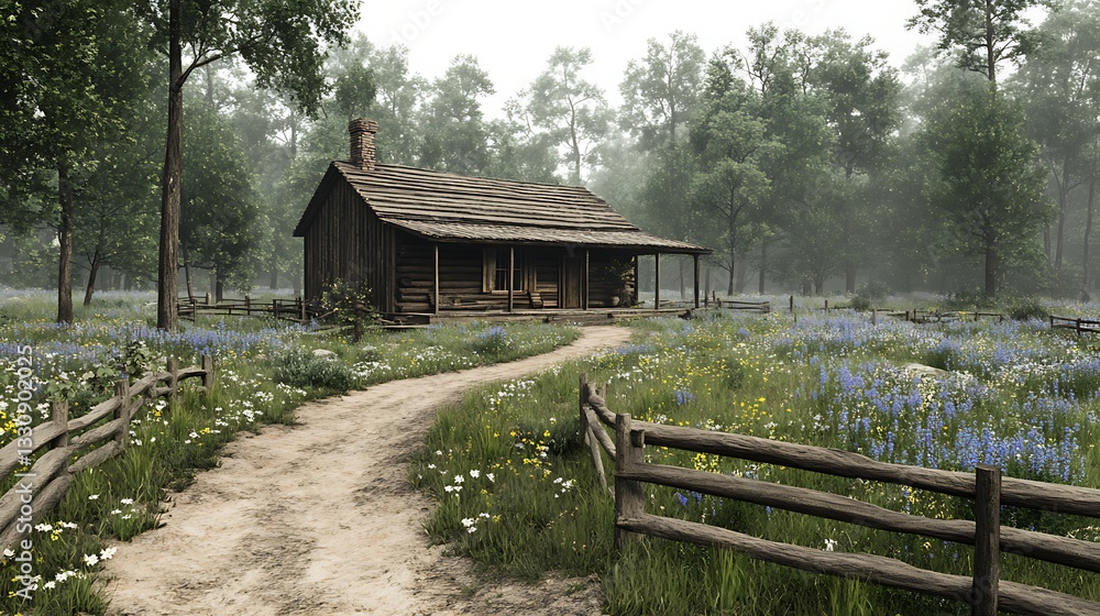 Misty Forest Log Cabin, Blooming Meadow, Rustic Path Misty Forest Log Cabin, Blooming Meadow, Rustic Path
