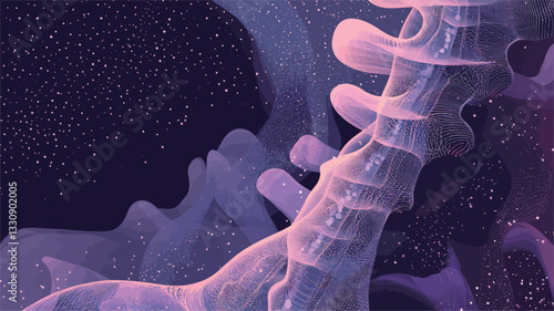 Close-up digital illustration depicting a stylized spinal column rendered in translucent purple and pink hues.  The spinal column appears to be interwoven with or emerging from a cosmic nebula