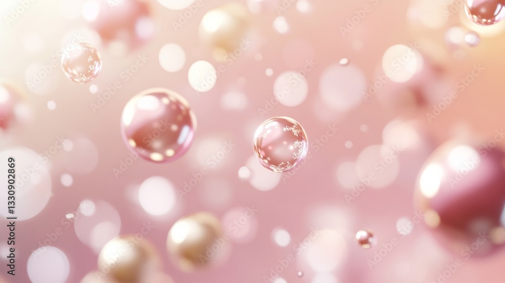 Floating pearlescent bubbles in soft pink bokeh background for elegant design Floating pearlescent bubbles in soft pink bokeh background for elegant design