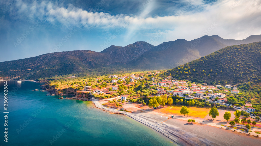 Stunning morning view of Paralia resort. Wonderful outdoor scene of Peloponnese peninsula, Greece, Europe. Amazing summer seascape of Mediterranean sea. Vacation concept background..