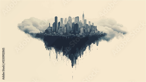 Digital illustration depicting a stylized cityscape silhouetted against a cloudy background. The city appears to be floating on a cloud-like mass, with dark, painterly textures suggesting depth and