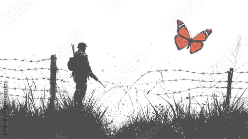 The image is a grayscale illustration depicting a soldier in silhouette standing behind a barbed wire fence.  The soldier holds a rifle and is facing a path leading away from the fence. A single,