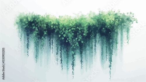 A digital painting or illustration depicting a mass of lush, hanging greenery against a white background. The greenery is rendered in shades of green, with a soft, watercolor-like texture.  The