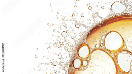 Close-up image of a golden-colored liquid splashing. The liquid displays a dynamic movement with numerous bubbles and foam creating a textured pattern against a white background. The liquid appears