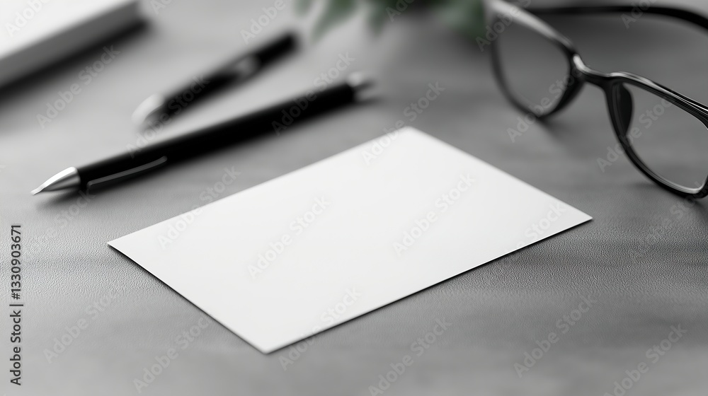 Blank business card on desk with pen and glasses in black and white
