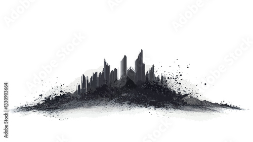 The image presents a stylized grayscale depiction of a city skyline emerging from a pile of ash or debris. The city is rendered as a dark silhouette against a white background, with various